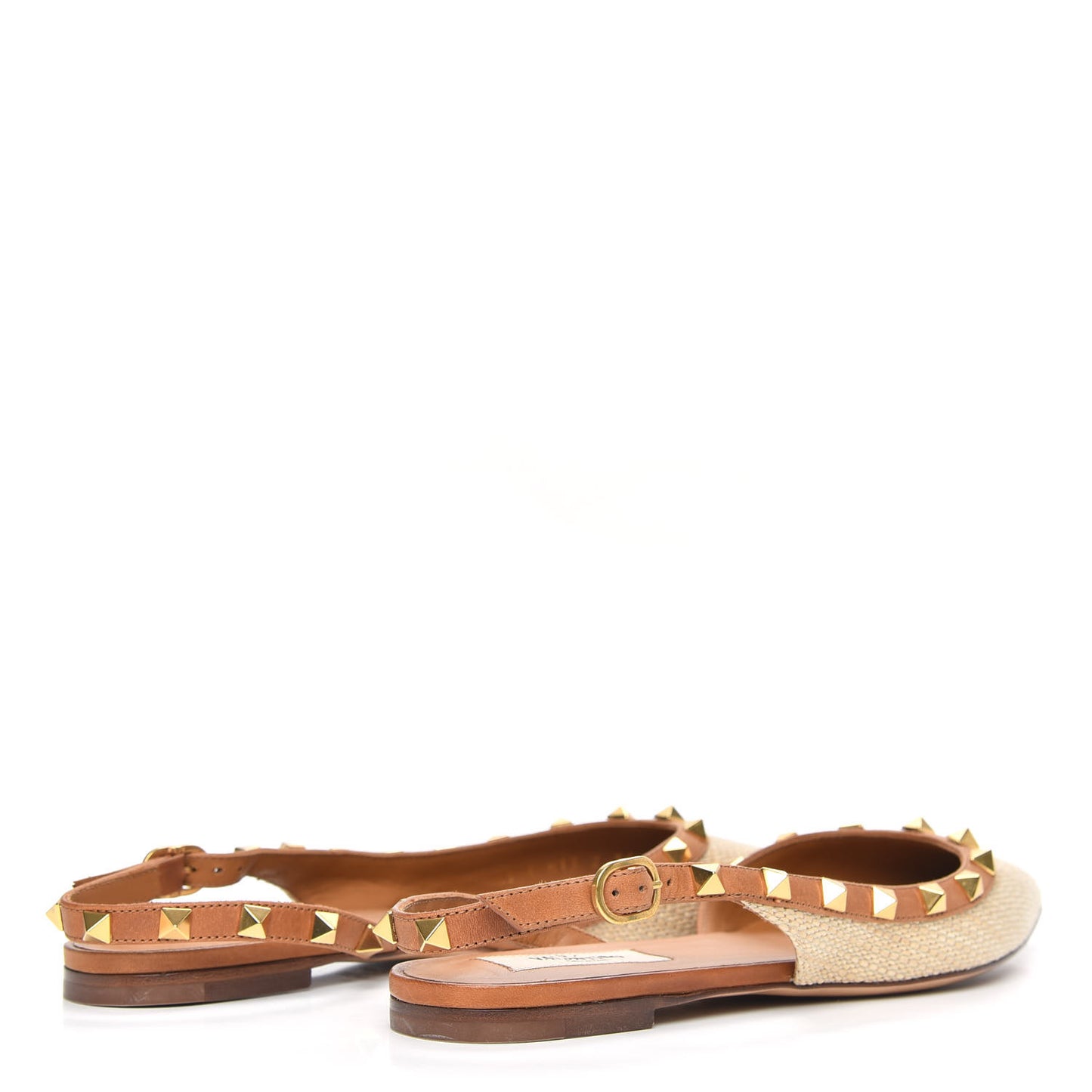 Raffia Calfskin Rockstud Slingback Flats 36 Naturale