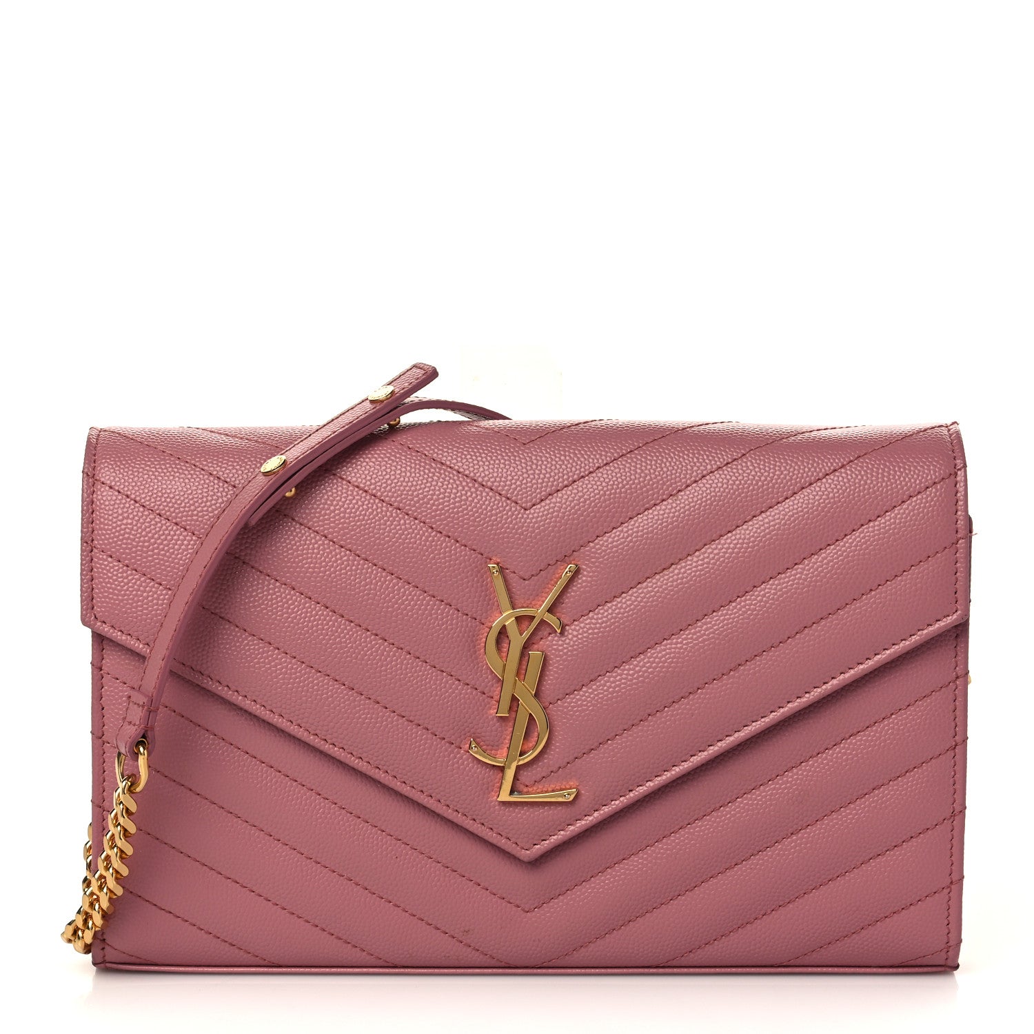 Saint Laurent Grain De Poudre Matelasse Chevron Monogram Chain Wallet Indian Pink 1 of 8