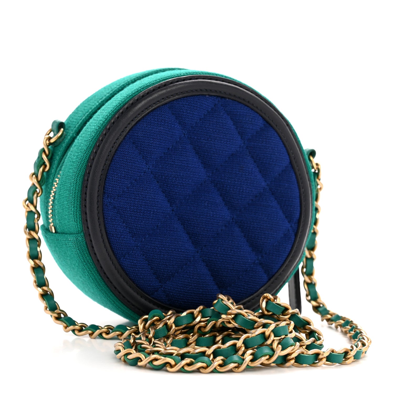 Chanel Jersey Quilted CC Filigree Round Clutch With Chain Blue Green Black 3 of 10