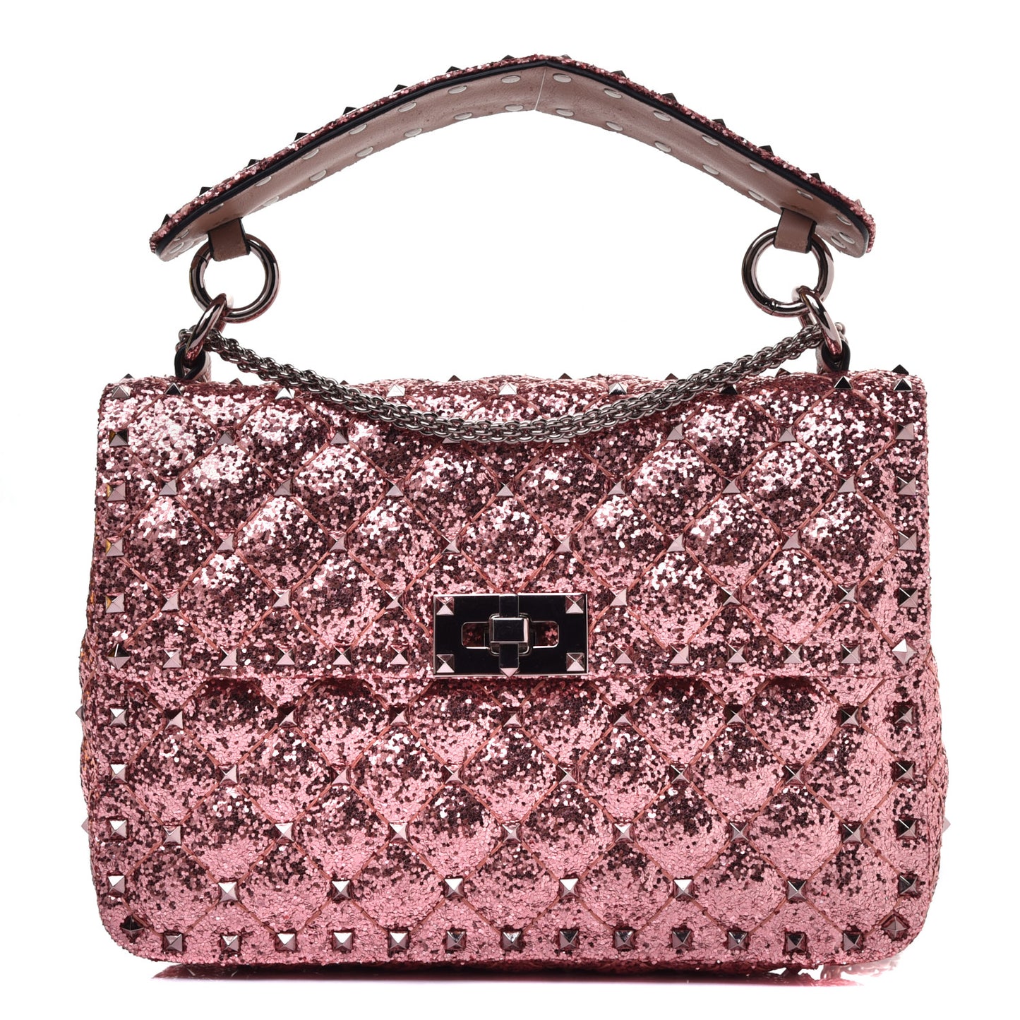 Glitter Medium Rockstud Spike Shoulder Bag Antique Pink