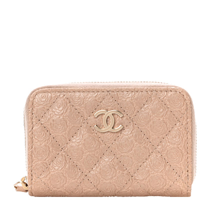 Chanel Calfskin Camellia Embossed Zip Coin Purse Beige 1 of 10