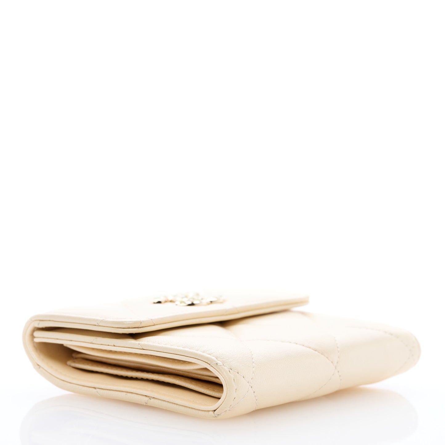 Iridescent Calfskin Quilted Compact Flap Wallet Beige