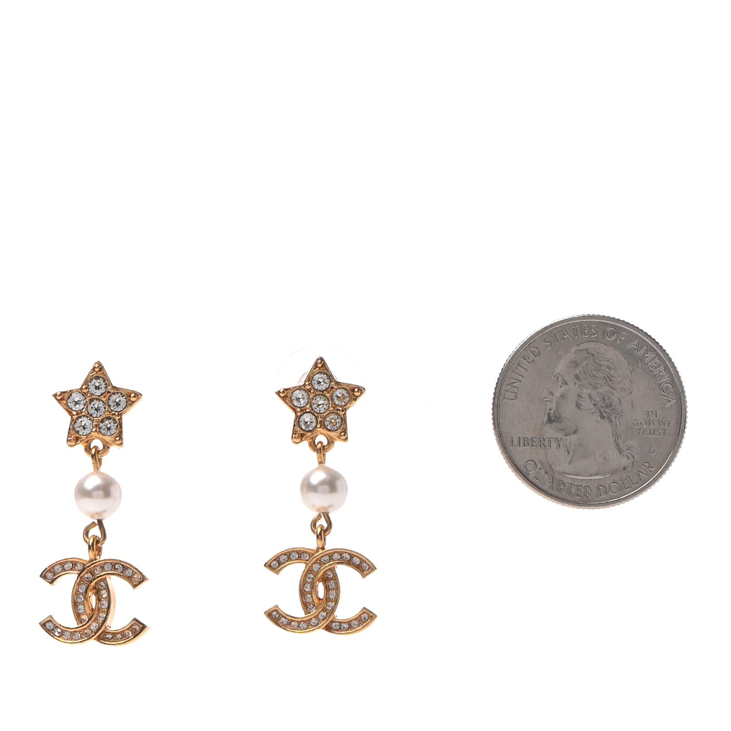 Chanel Crystal Pearl CC Star Drop Earrings Gold 2 of 4
