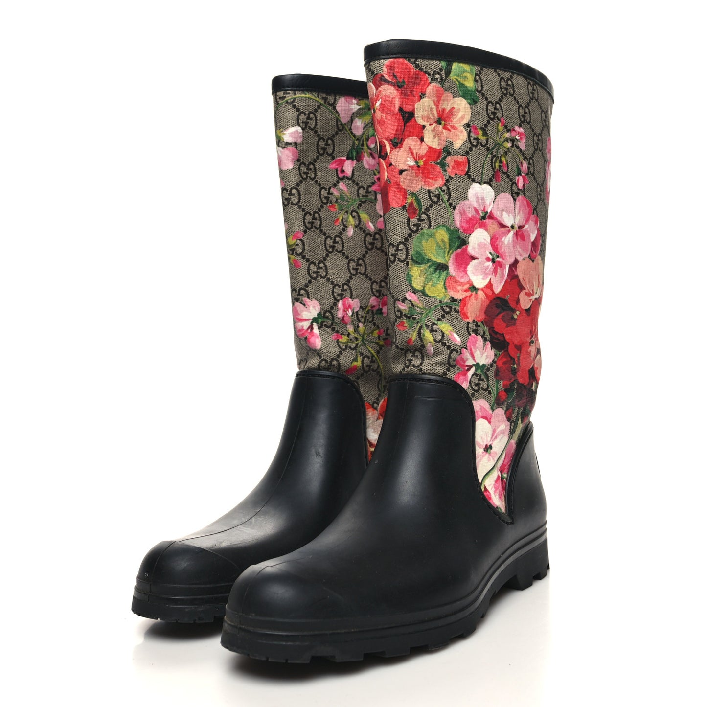 GG Supreme Monogram Blooms Flat Rubber Boots 37 Beige Multicolor