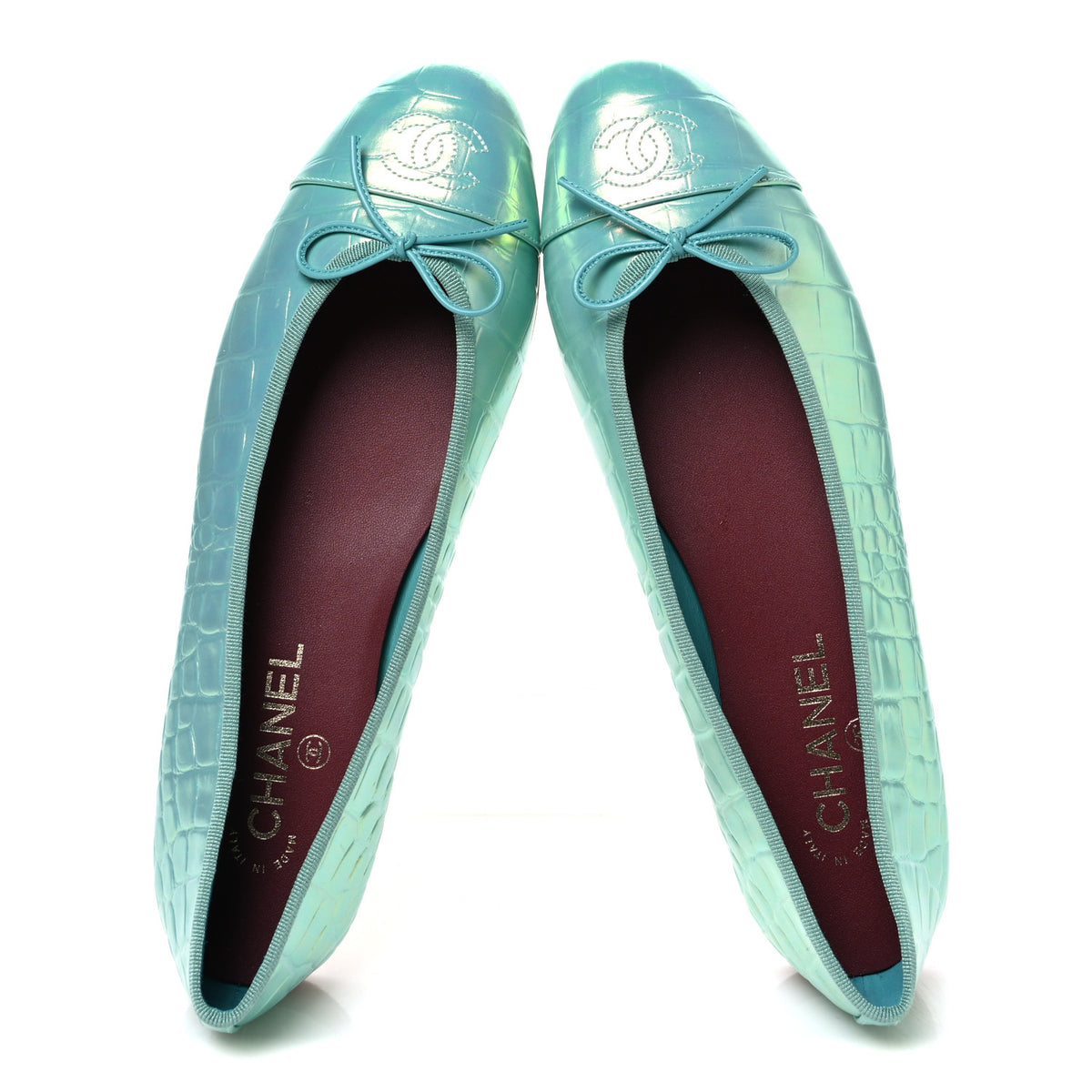Iridescent Calfskin Crocodile Embossed Ballerina Flats 41 Green
