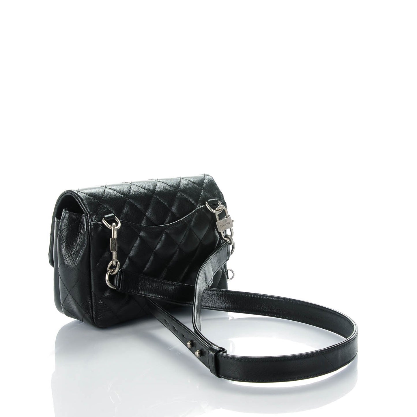 Shiny Goatskin Quilted Small Double Carry Waist Chain Flap Black