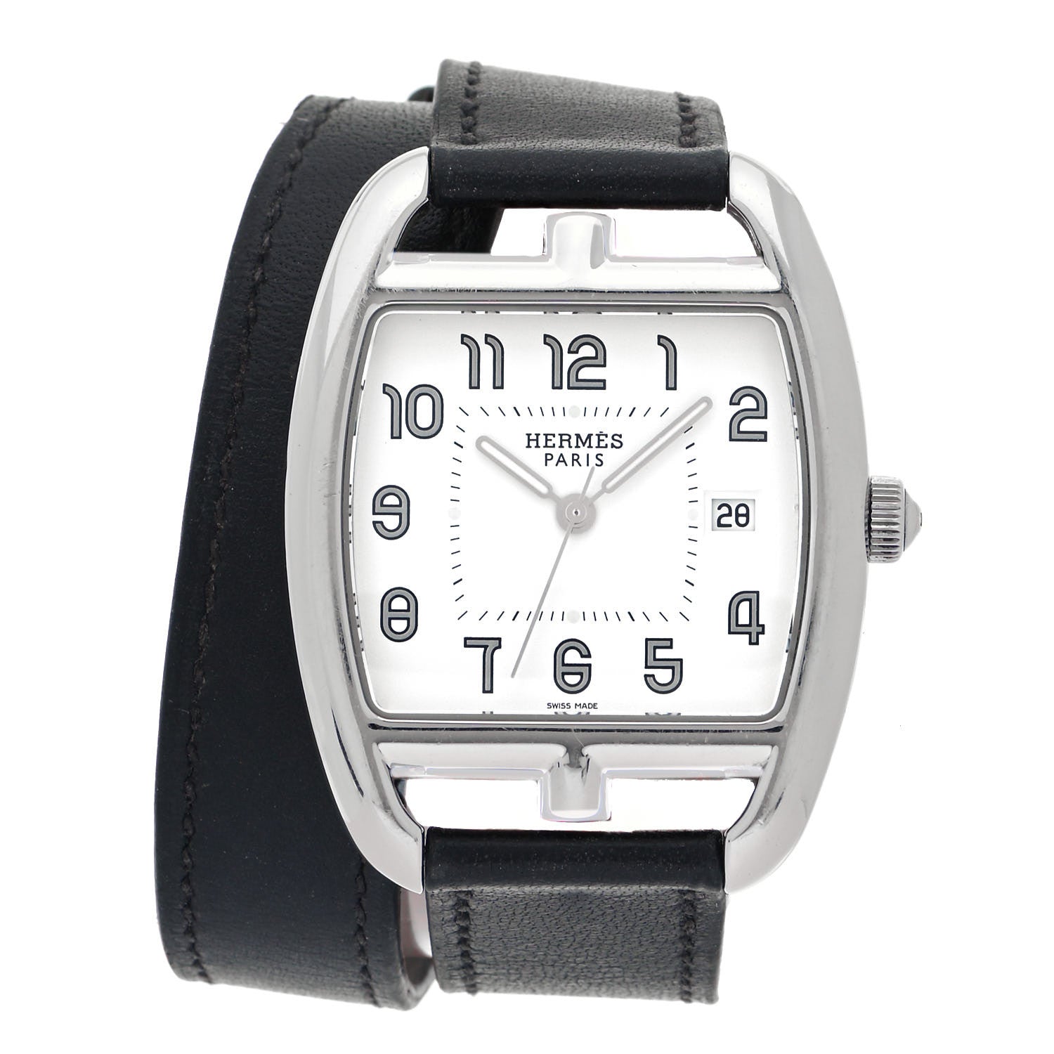 Hermes Stainless Steel Barenia 33mm Cape Cod Tonneau Double Tour Quartz Watch Noir 1 of 4