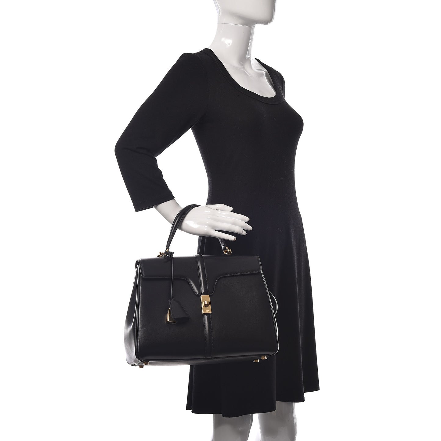 Satinated Calfskin Medium 16 Top Handle Bag Black