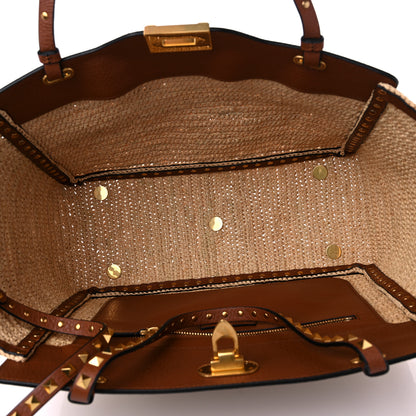 Valentino Garavani Raffia Calfskin Rockstud Tote Naturale Saddle Brown 5 of 8