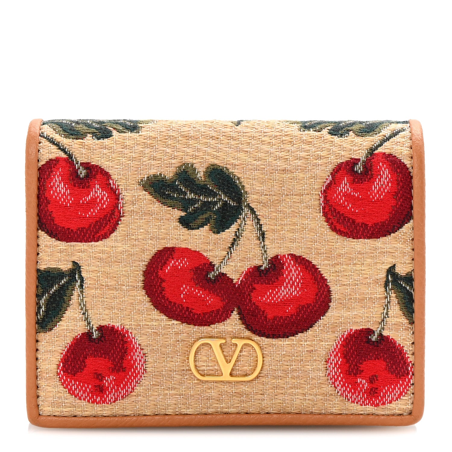 Valentino Garavani Cherryfic Jacquard Raffia Compact Vlogo Wallet Natural Red 1 of 7