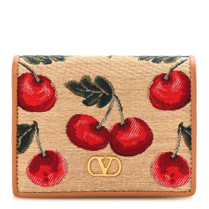 Valentino Garavani Cherryfic Jacquard Raffia Compact Vlogo Wallet Natural Red 1 of 7