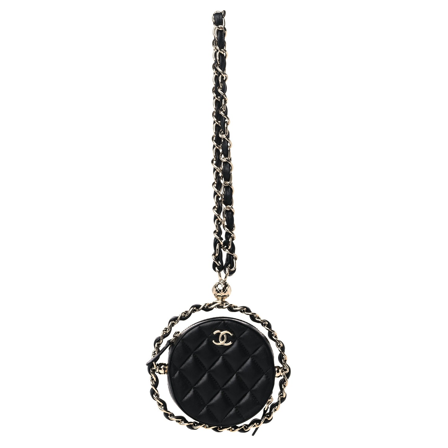 Lambskin Quilted Chain Round Clutch Black