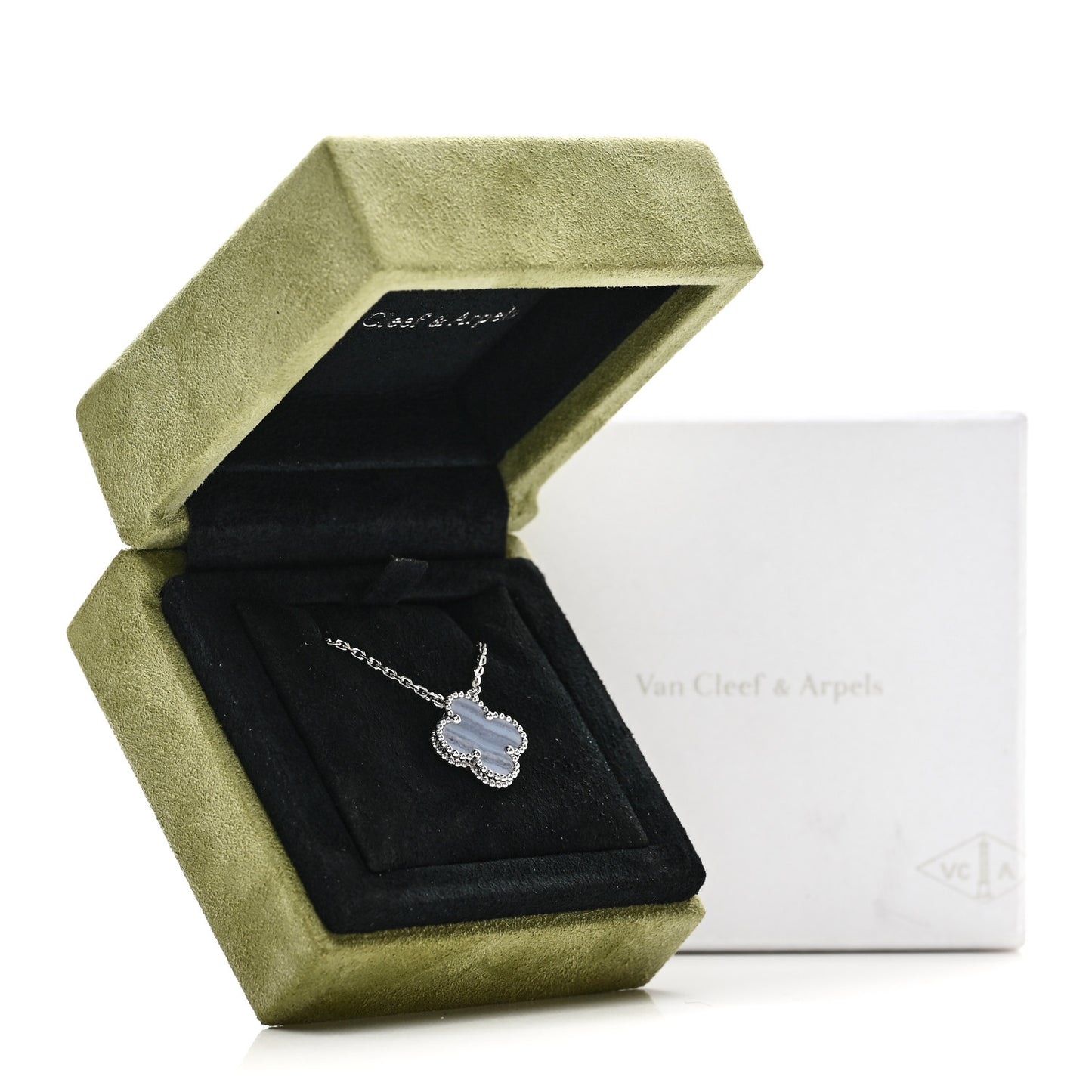 18K White Gold Chalcedony Vintage Alhambra Pendant Necklace