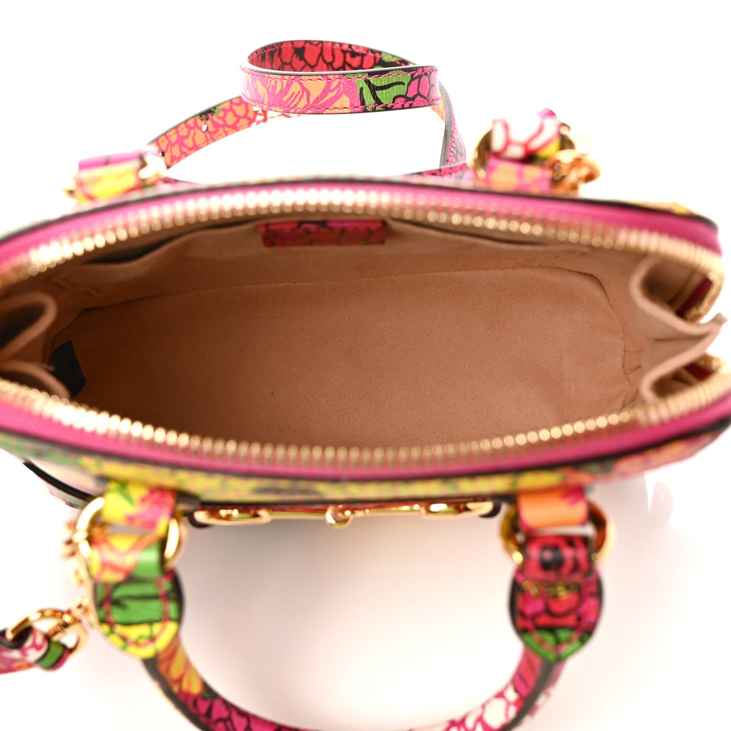 X KEN SCOTT Textured Calfskin Pomponica Print Mini Horsebit 1955 Top Handle Bag Multicolor Fuxia Pompom
