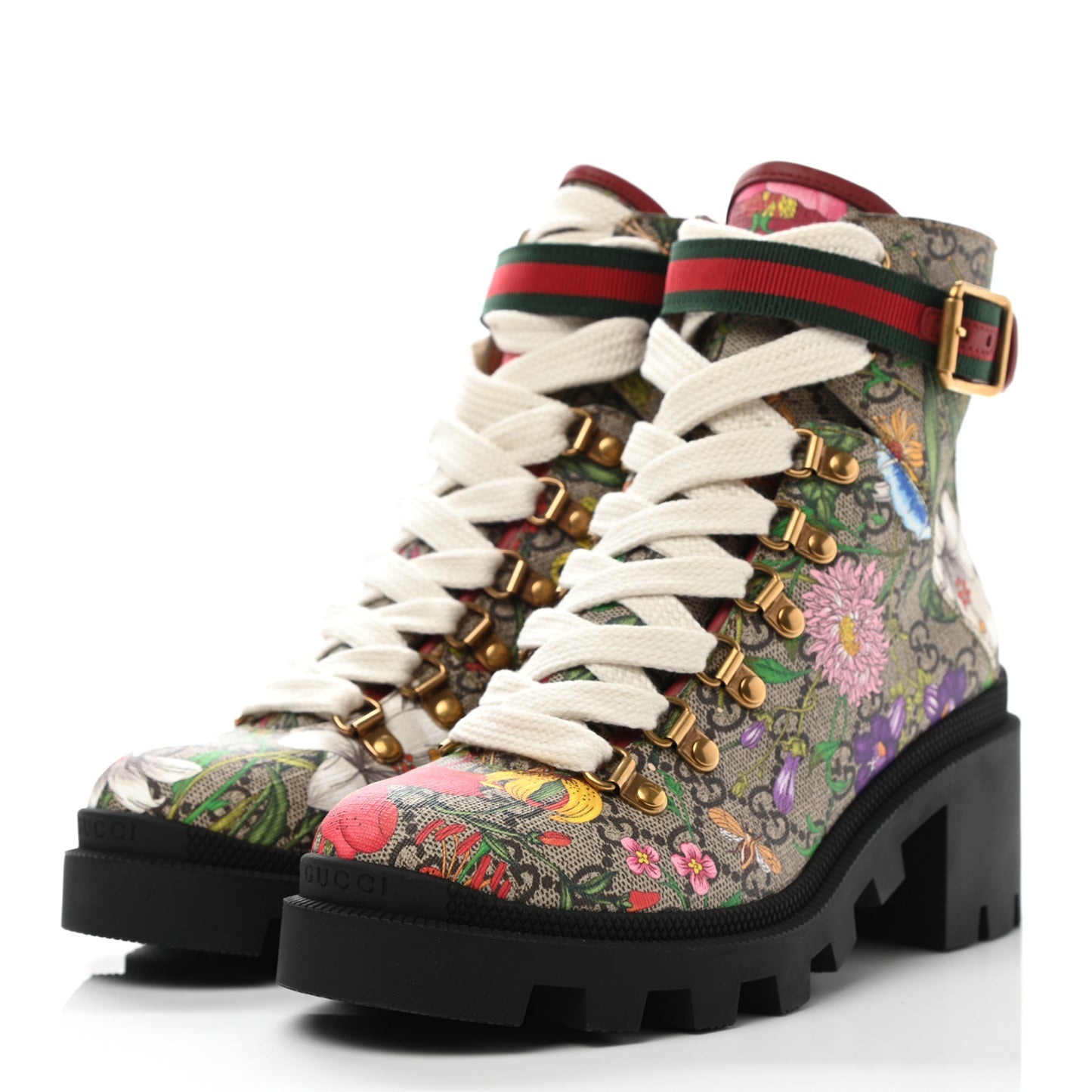 GG Supreme Monogram Flora Lace Up Combat Ankle Boots 36 Beige Multicolor Red