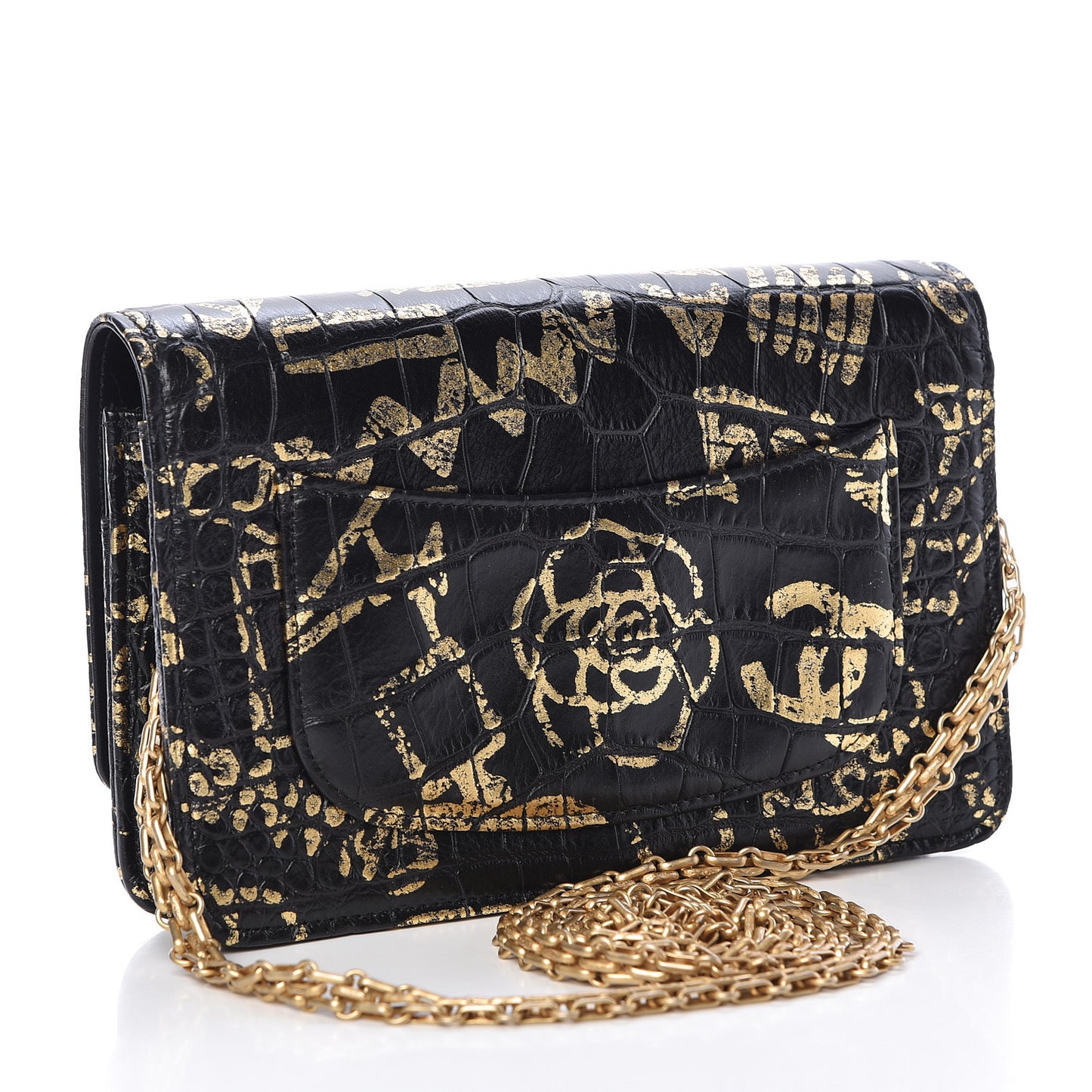 Calfskin Crocodile Embossed Graffiti 2.55 Cocodile Reissue Wallet On Chain WOC Black Gold