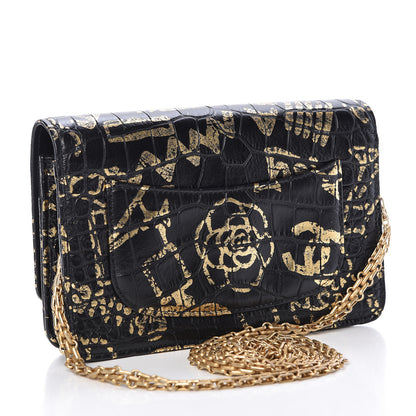 Chanel Calfskin Crocodile Embossed Graffiti 2.55 Cocodile Reissue Wallet On Chain WOC Black Gold 3 of 12