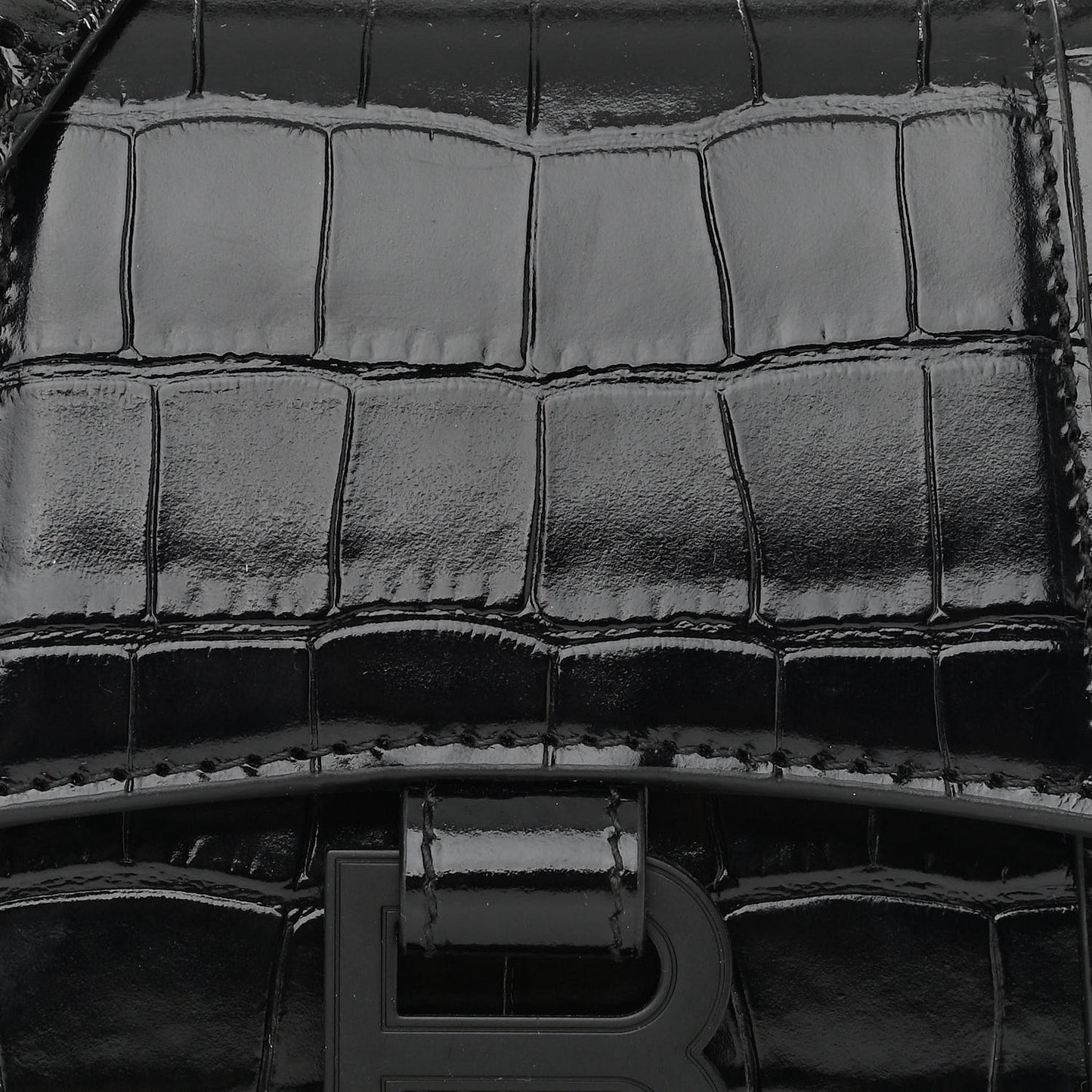 Shiny Calfskin Monochrome Crocodile Embossed Hourglass Top Handle Bag XS Black