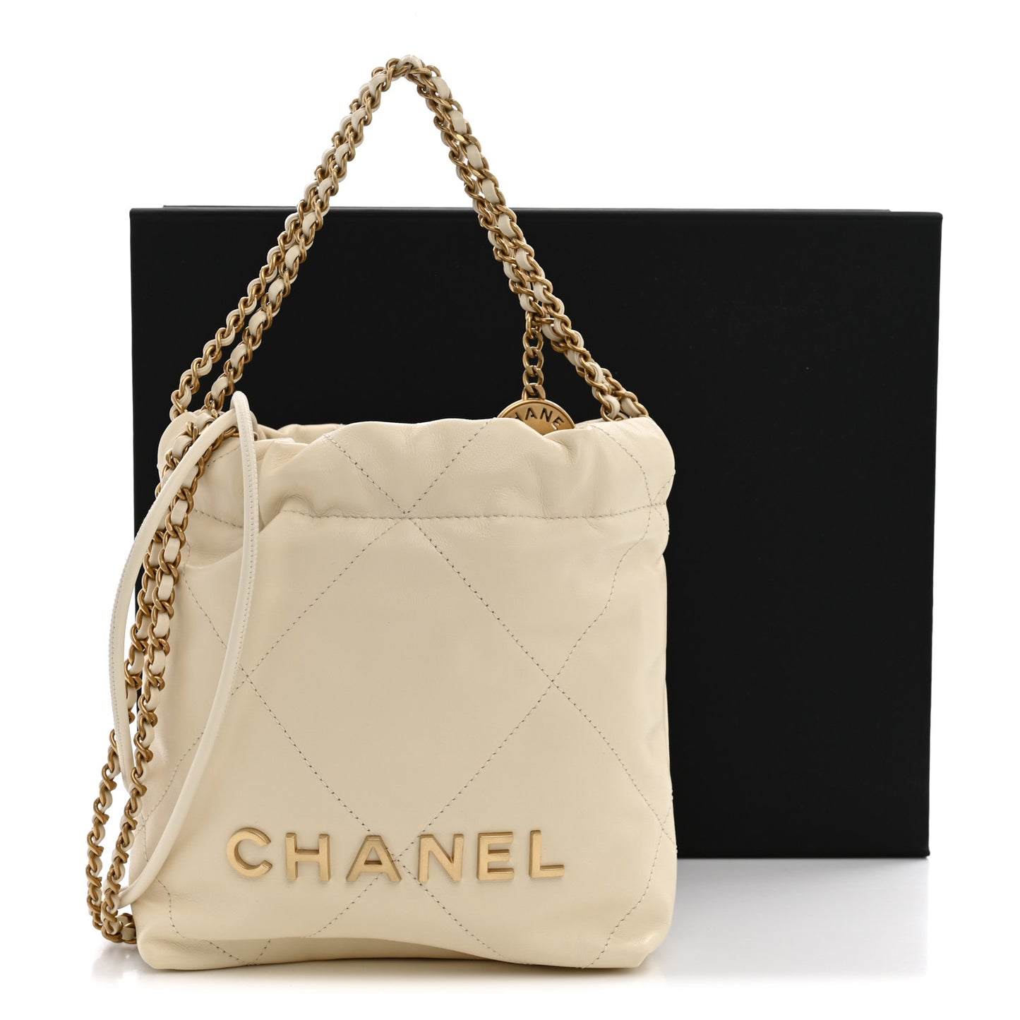 Shiny Calfskin Quilted Mini Chanel 22 Light Beige