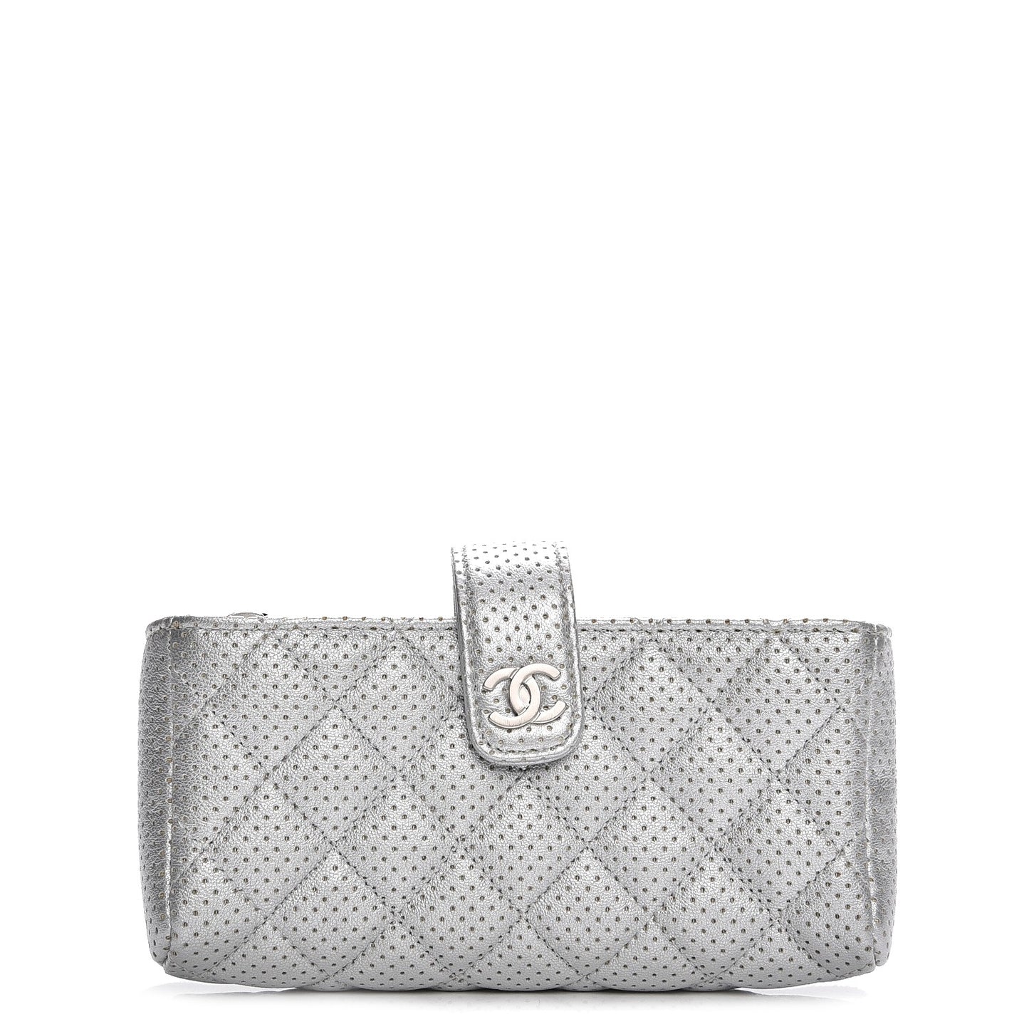 Perforated Lambskin Quilted Mini Phone Holder Clutch Silver