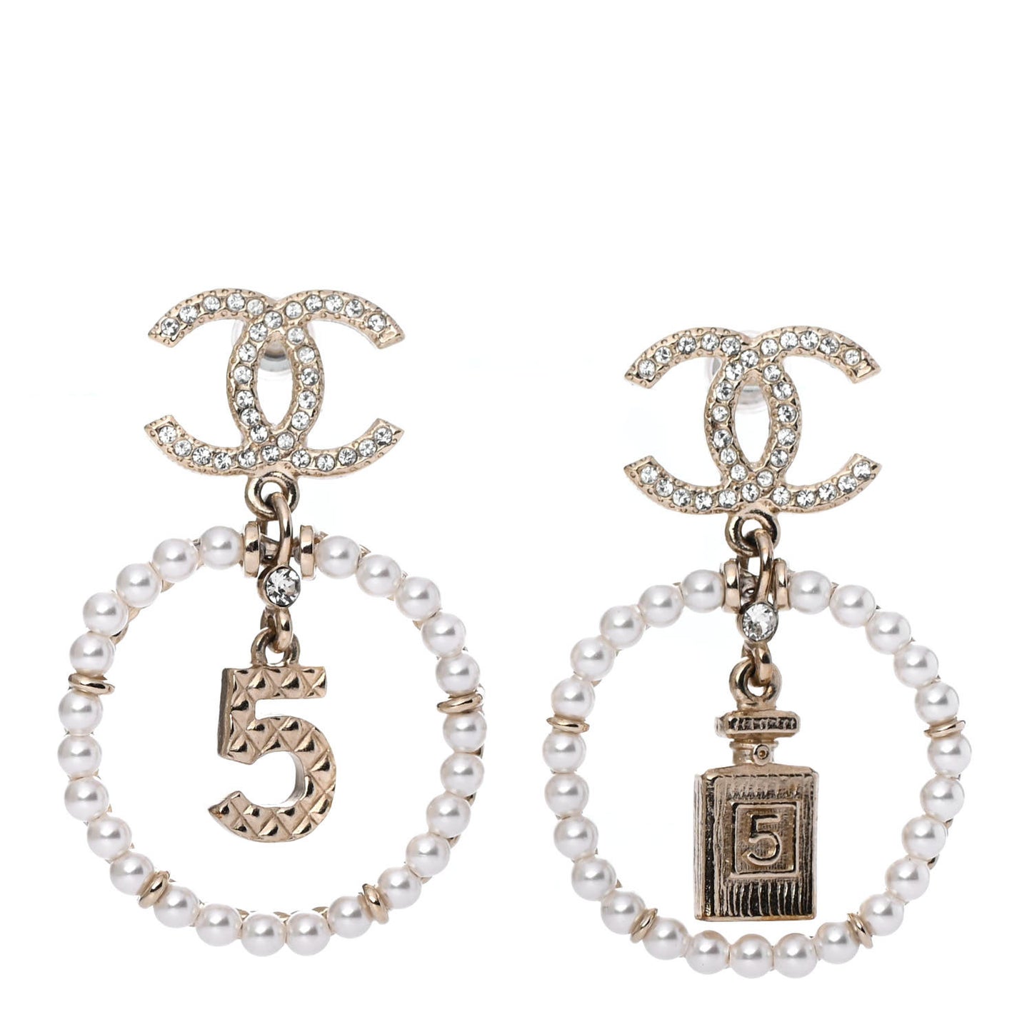 Crystal Pearl Chanel Charms CC Drop Earrings Gold