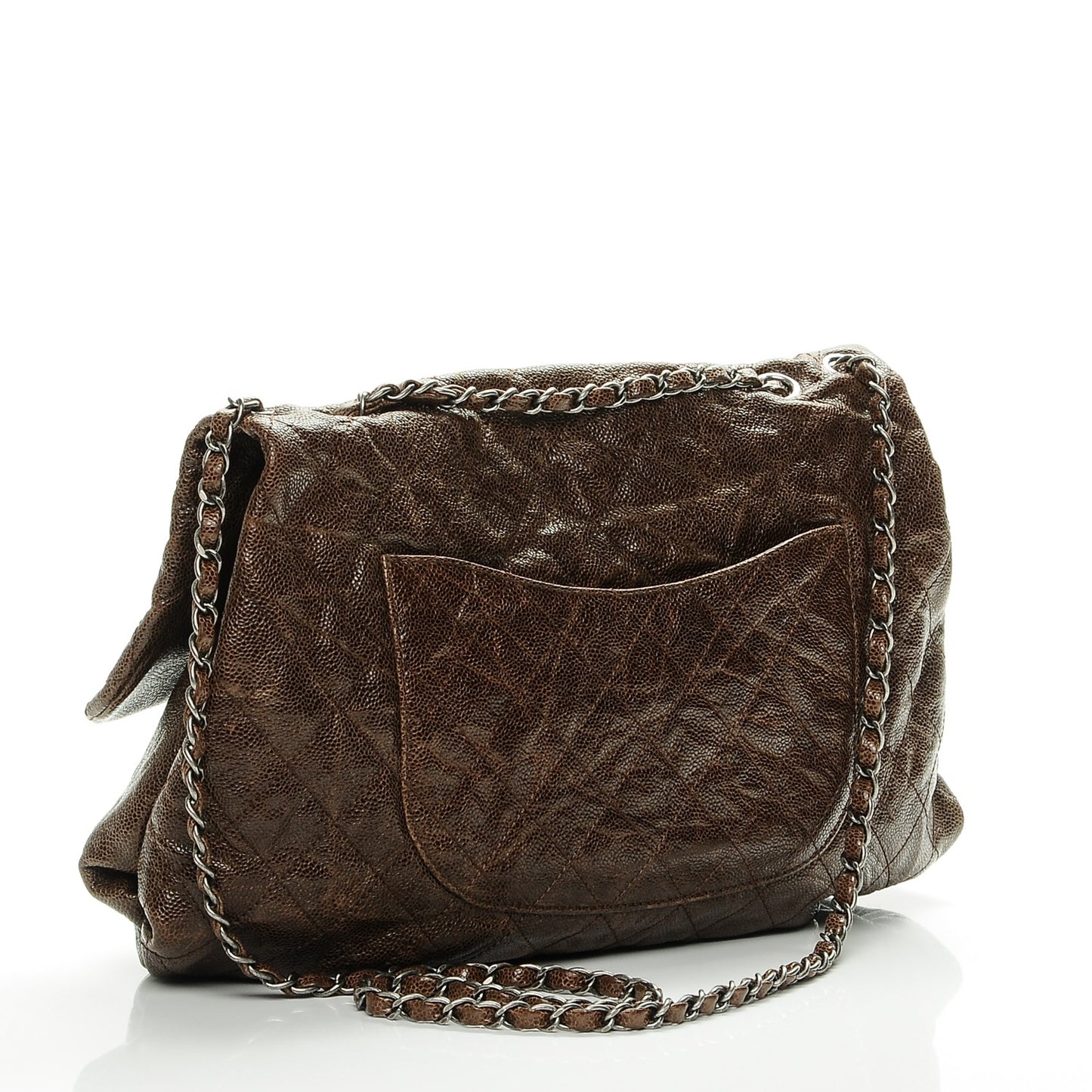 Grained Calfskin Quilted Maxi Elastic Flap Brown