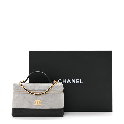 Chanel Suede Calfskin Shiny Lambskin Quilted Top Handle Slim Vanity Case With Chain Grey Black 13 of 13