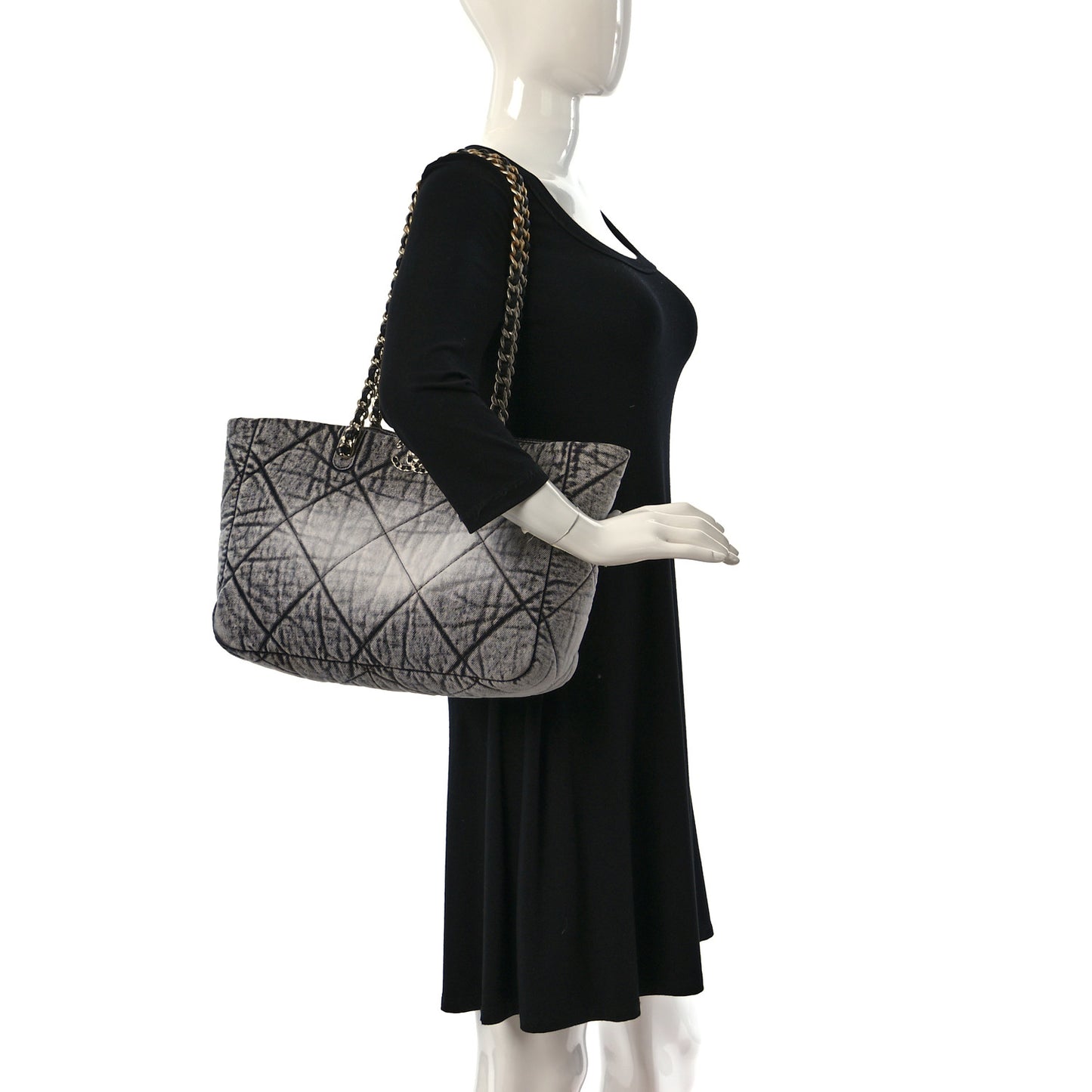 Washed Denim Quilted Chanel 19 East West Shopping Bag Black White