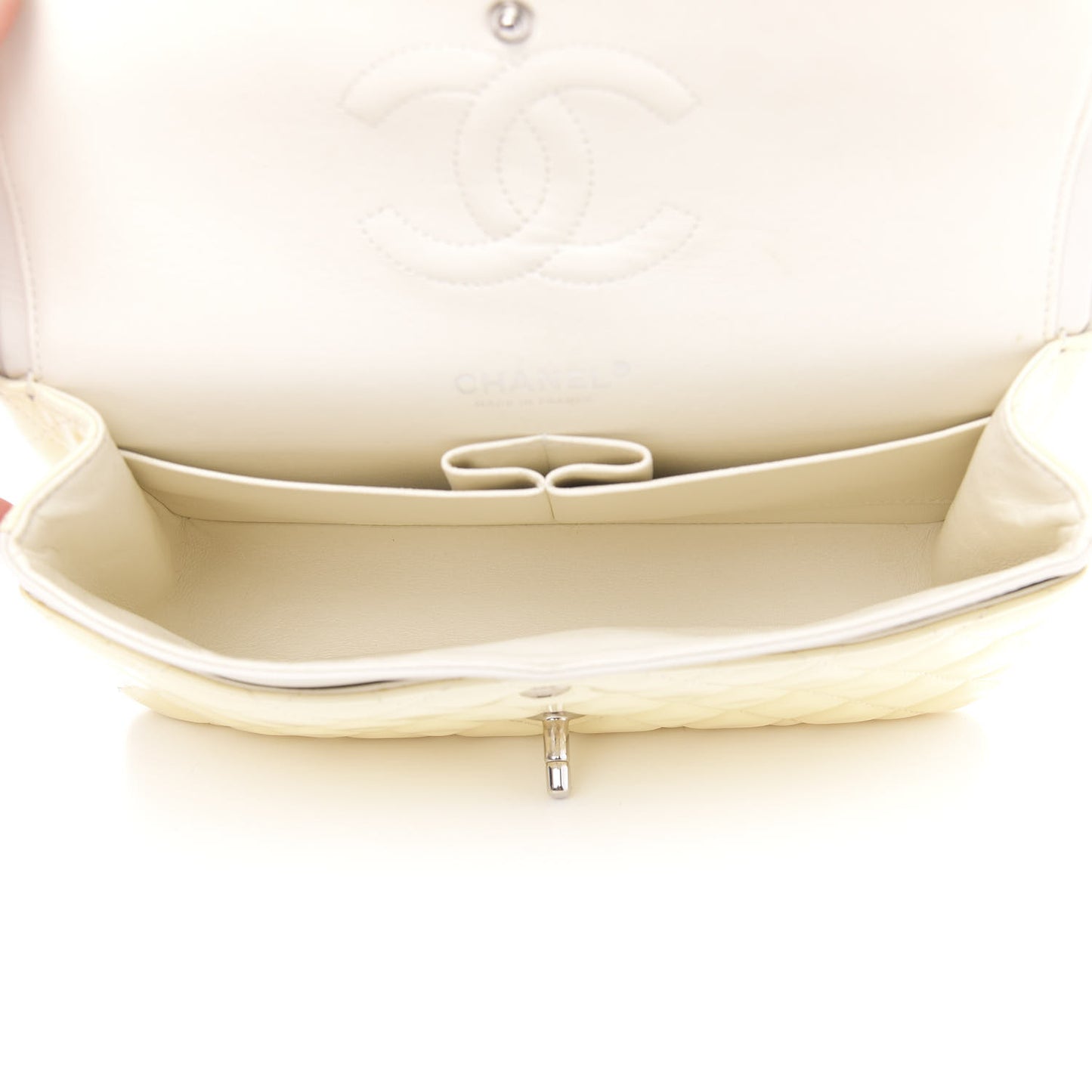 Patent Quilted Medium Double Flap Dark White