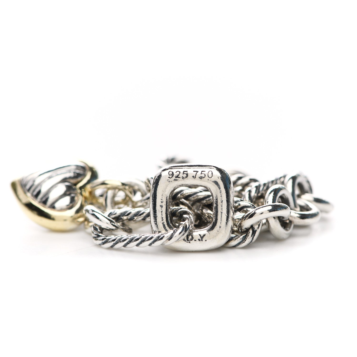 David Yurman Sterling Silver 18K Yellow Gold Cable Heart Charm Bracelet 4 of 5