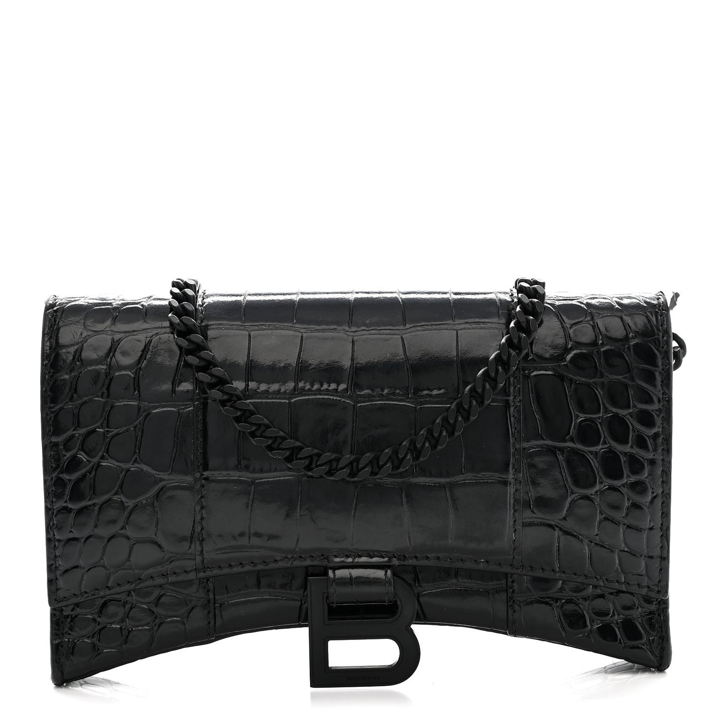 Shiny Calfskin Monochrome Crocodile Embossed Hourglass Chain Bag Black