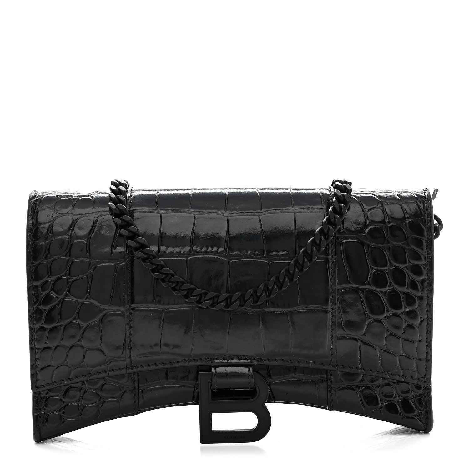Balenciaga Shiny Calfskin Monochrome Crocodile Embossed Hourglass Chain Bag Black 1 of 12