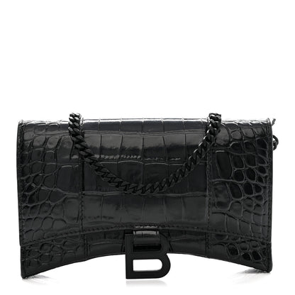 Balenciaga Shiny Calfskin Monochrome Crocodile Embossed Hourglass Chain Bag Black 1 of 12