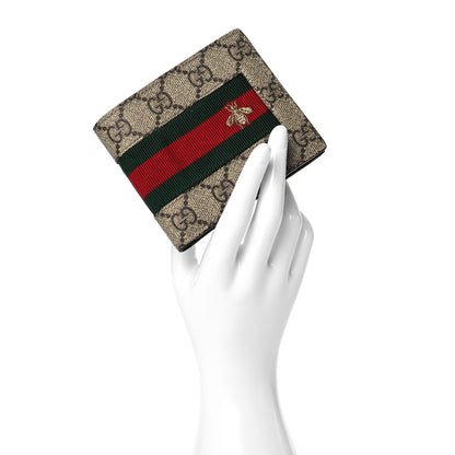 Gucci GG Supreme Monogram Selleria Calfskin Web Bee Embroidered New Web Bi-Fold Wallet Beige Ebony Cocoa 2 of 10