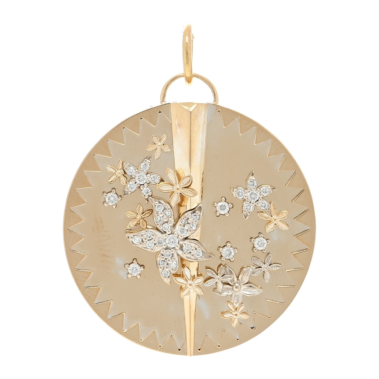 18K Yellow White Gold Diamond Large Blossoms Resilience Medallion Pendant