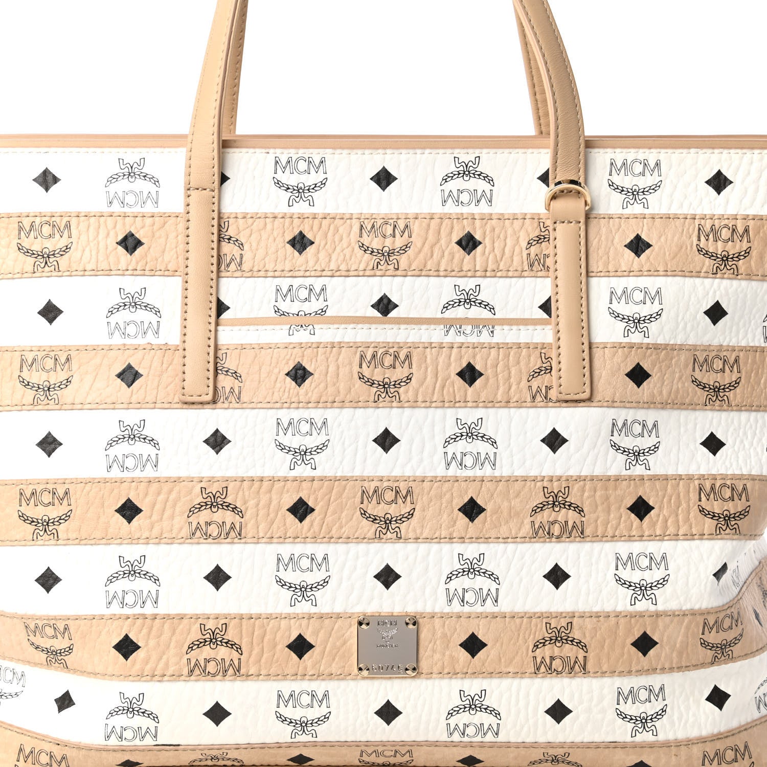 MCM Visetos Striped Medium Anya Shopper Tote White Beige 10 of 11