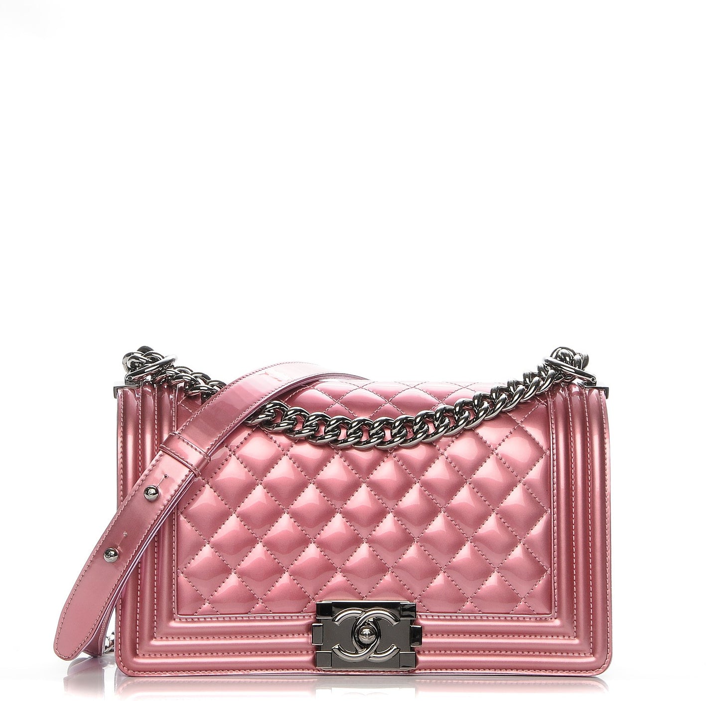 Metallic Patent Calfskin Quilted Medium Boy Flap Light Pink