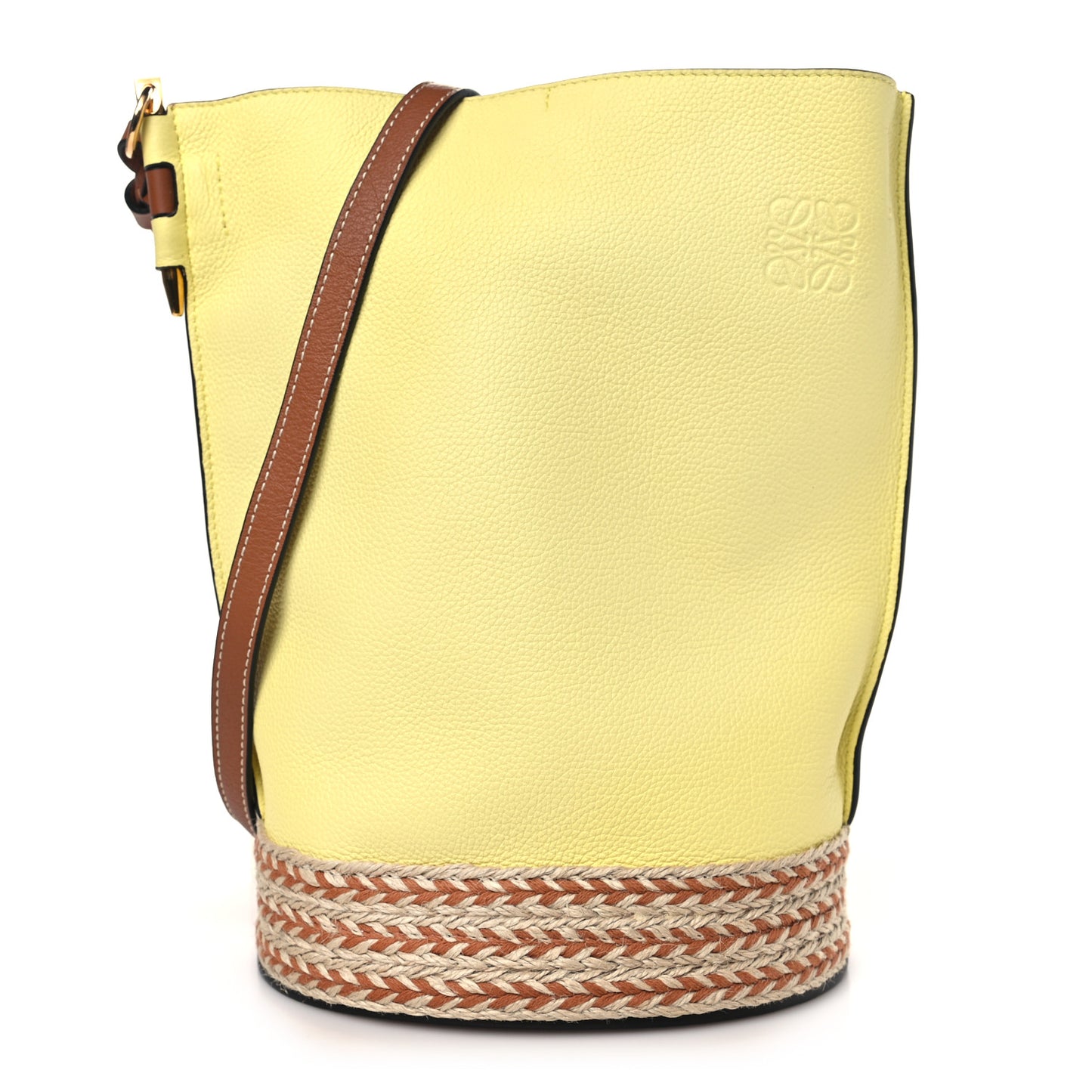 Calfskin Raffia Gate Bucket Bag Tan Light Yellow