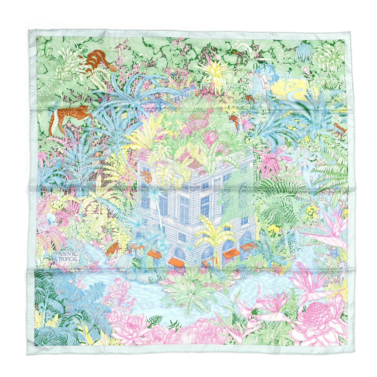 Hermes Silk Twill Faubourg Tropical Scarf 90 Bleu Vert Jaune 1 of 6