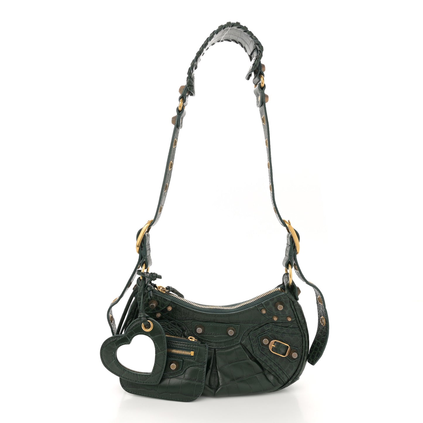 Extra Supple Calfskin Crocodile Embossed Le Cagole Shoulder Bag XS Forest Green