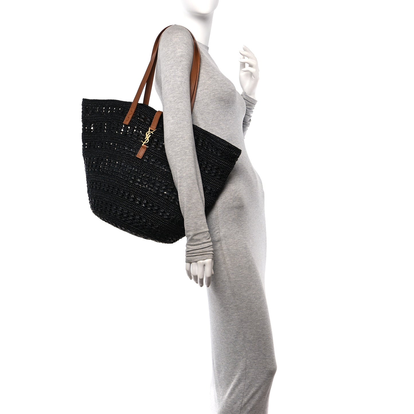 Raffia Calfskin Medium Panier Tote Black