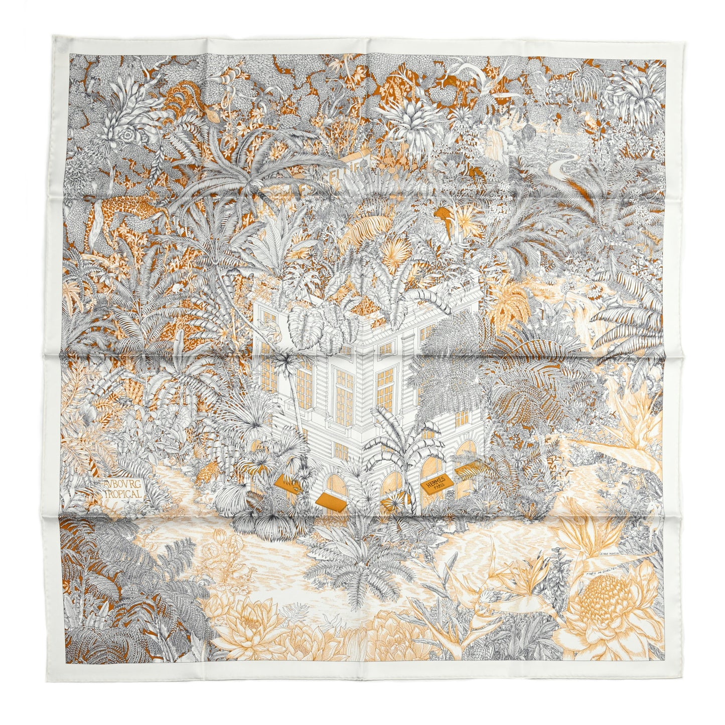 Silk Faubourg Tropical Scarf 90 Sepia White Caramel