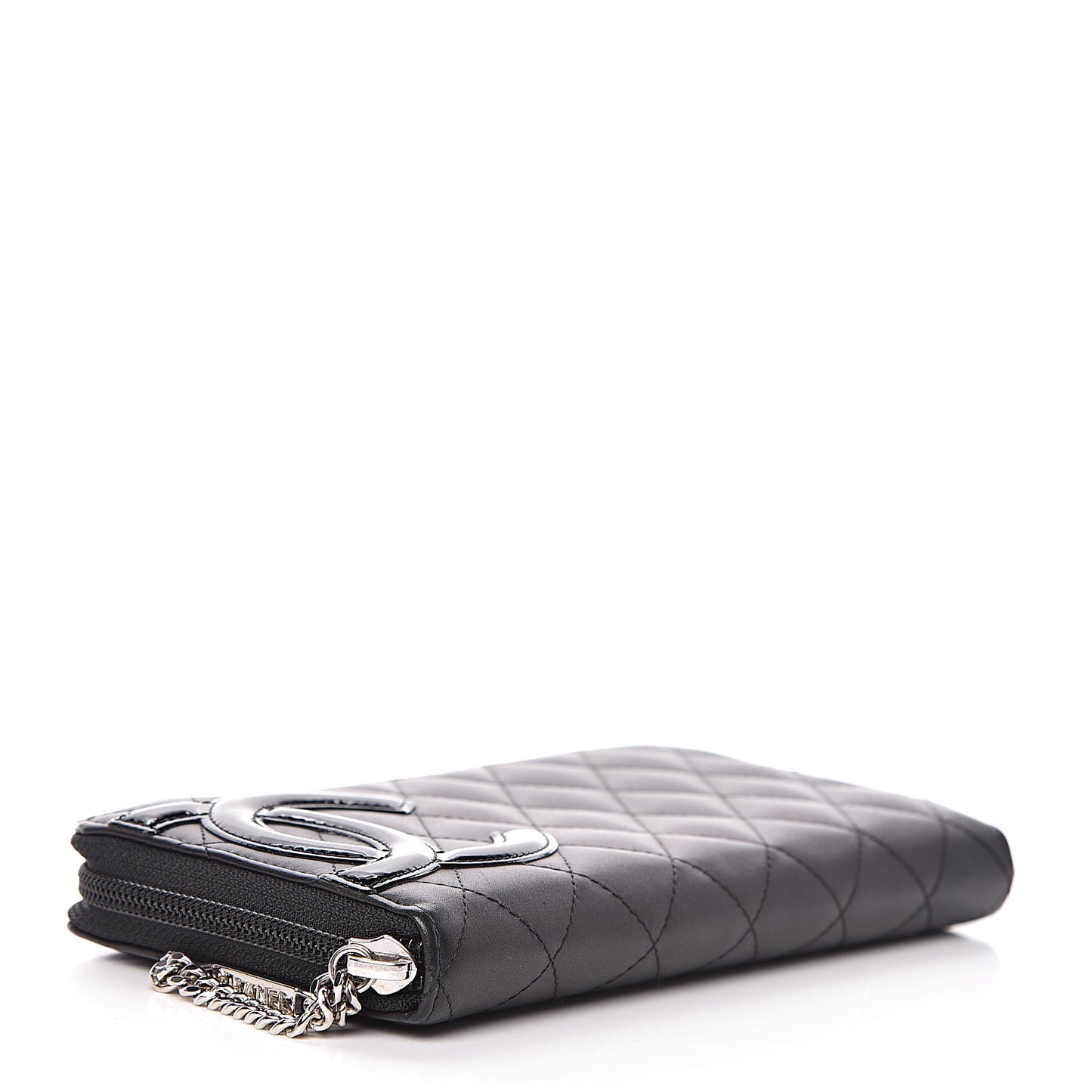 Calfskin Quilted Cambon Large Gusset Zip Around Wallet Black Silver
