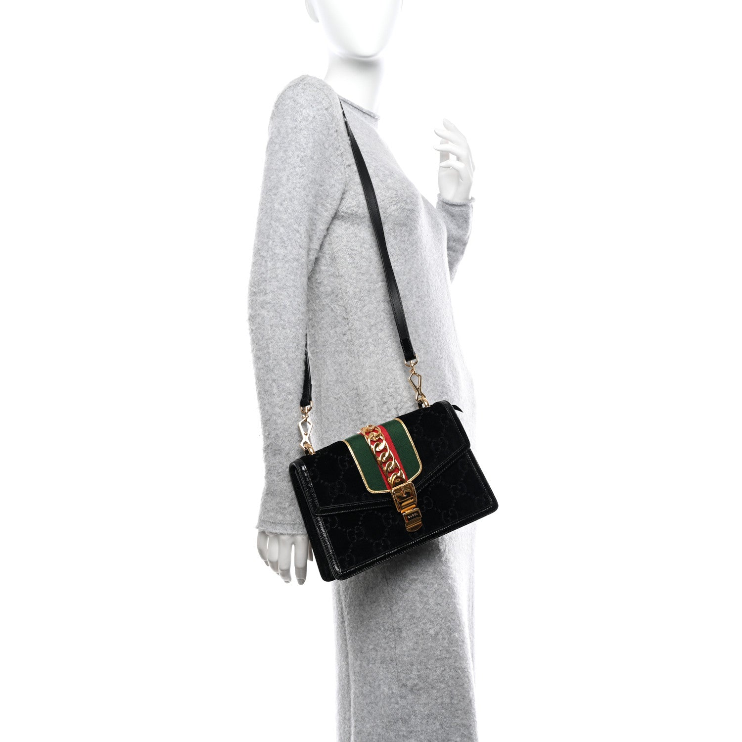 Gucci Velvet GG Monogram Small Sylvie Shoulder Bag Black 2 of 12
