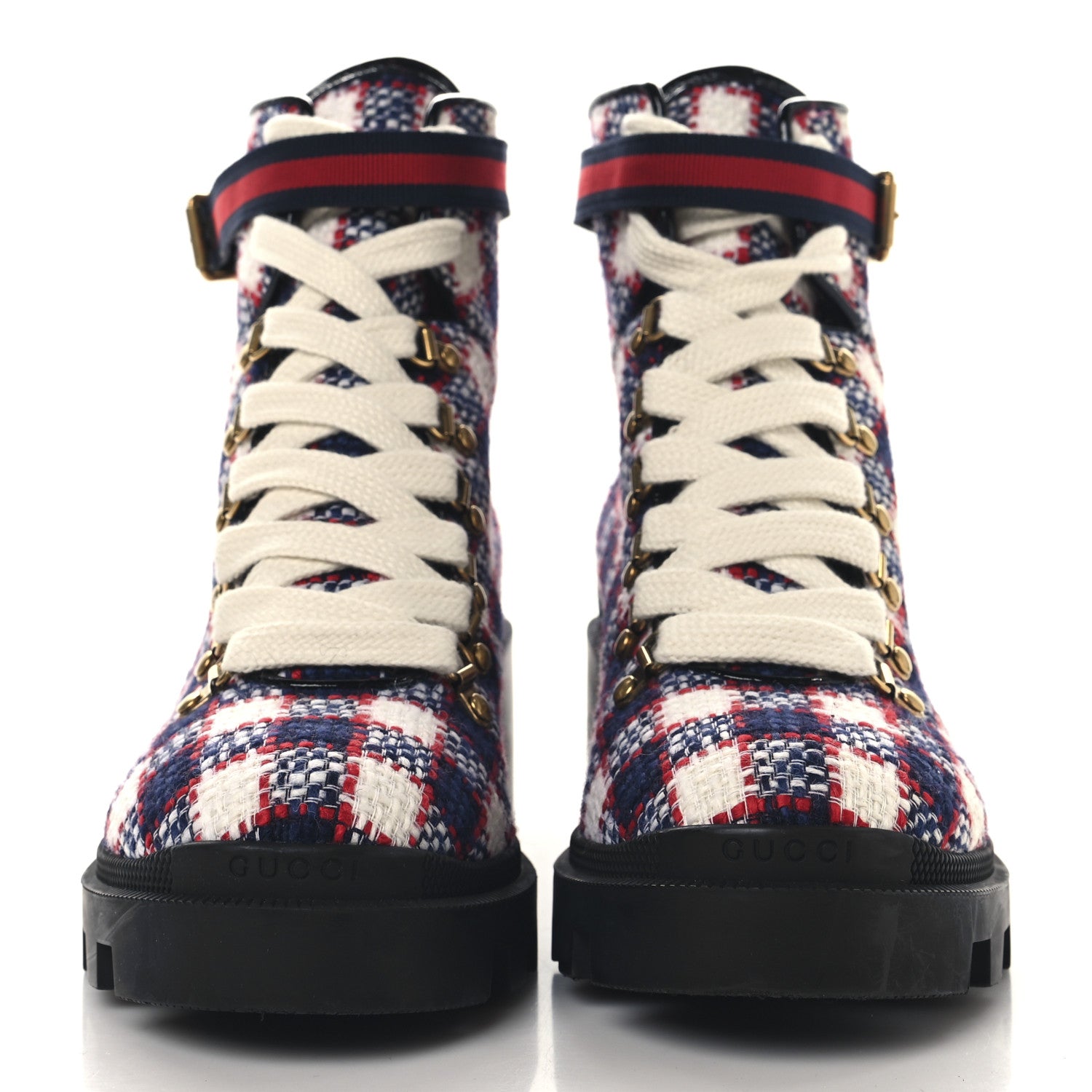 Gucci Vintage Tweed Check Lace Up Combat Ankle Boots 41 White Hibiscus Red Marine 2 of 10