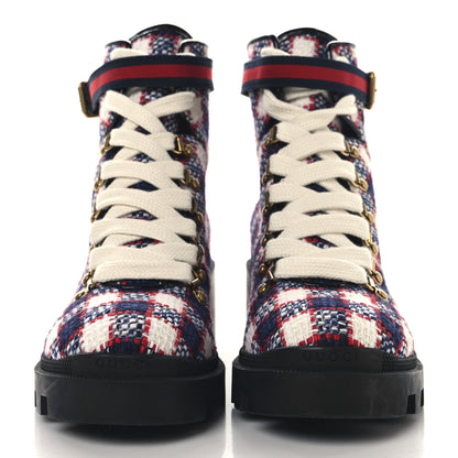 Gucci Vintage Tweed Check Lace Up Combat Ankle Boots 41 White Hibiscus Red Marine 2 of 10