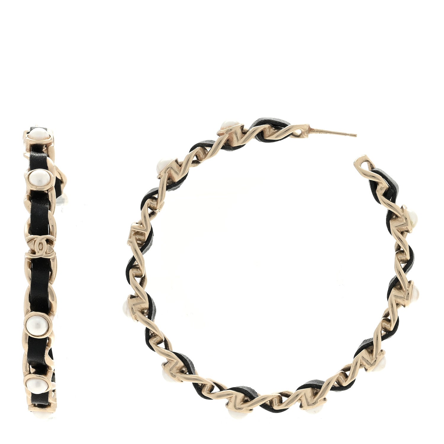 Chanel Lambskin Pearl More Is More CC Chain Hoop Earrings Gold Black 1 of 4