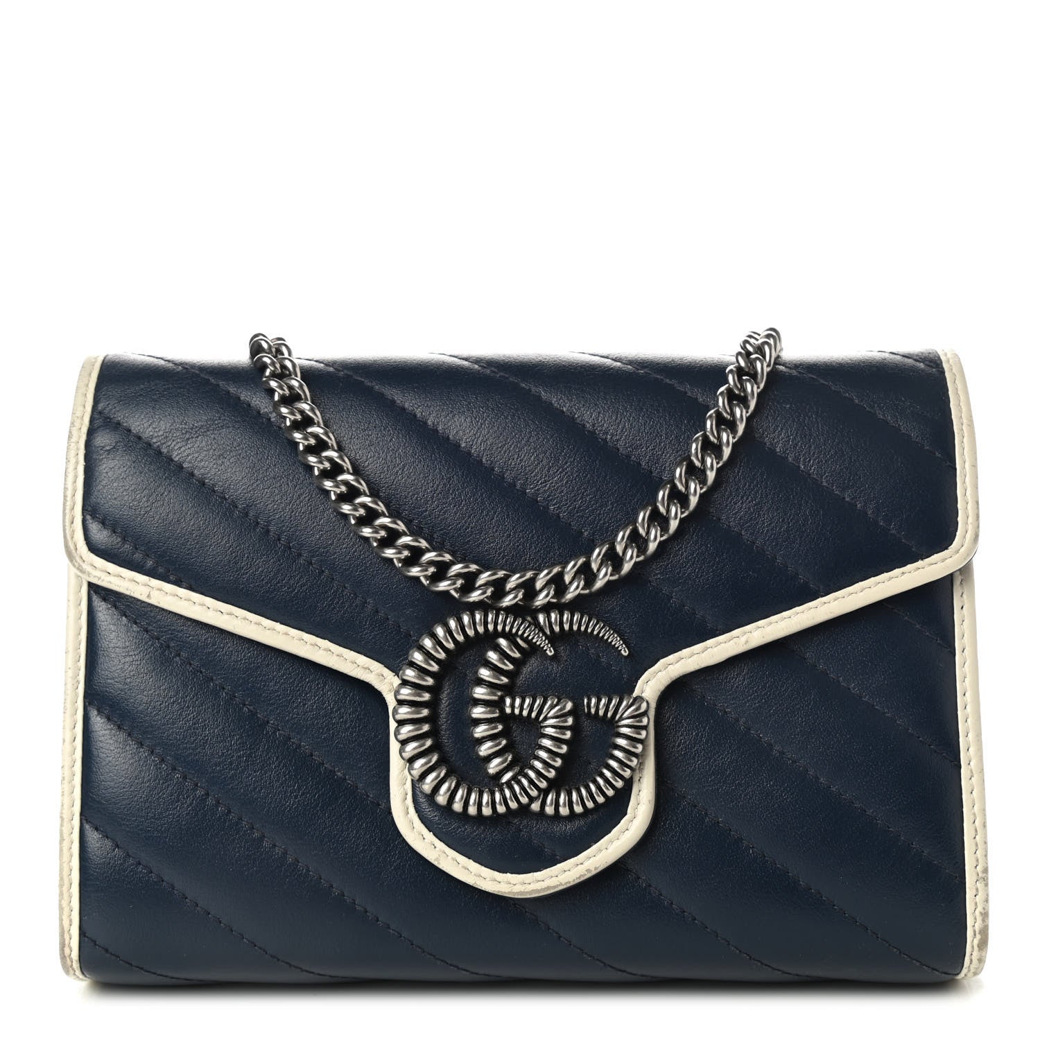 Gucci Vintage Effect Calfskin Matelasse Diagonal Torchon GG Marmont Chain Wallet Blue Agata Mystic White 1 of 12