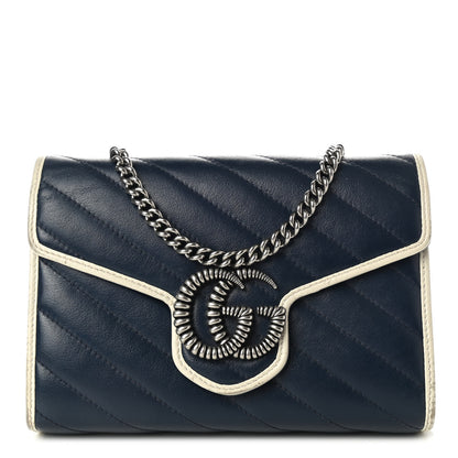 Gucci Vintage Effect Calfskin Matelasse Diagonal Torchon GG Marmont Chain Wallet Blue Agata Mystic White 1 of 12
