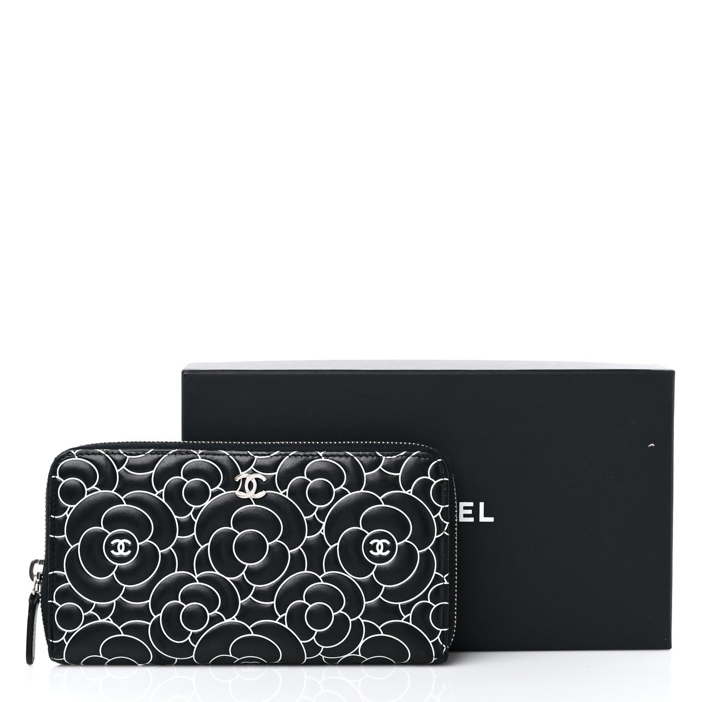 Lambskin Camellia Embossed Large Zip Around Gusset Wallet Black White